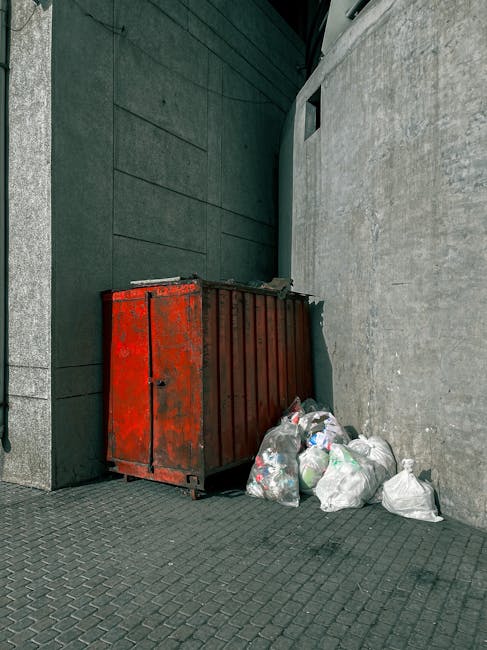 A weathered, red metal dumpster with visible rust and chipping paint is positioned against a dark green wall and a light grey concrete wall in an outdoor urban setting. The dumpster is rectangular with a flat, open top, and is situated on a textured, dark pavement surface. To its right, several clear plastic bags filled with mixed rubbish, including crumpled paper, plastic bottles, and other household waste, are stacked and leaning slightly against the concrete wall. The scene is lit with natural daylight, creating soft shadows around the objects. The background includes the dark paneled green wall and the adjacent grey concrete wall, indicating an alleyway or secondary service area often used for private waste disposal rather than public rubbish collection. The overall impression emphasizes a typical site for independent rubbish disposal, reflecting the kind of clutter that rubbish removal services like those from companies such as rubbishremovalgreenwich.com might handle in SE10. The scene is neutral and factual, focusing on the physical state of waste containers and collection points in an urban environment, aligning subtly with the theme of alternative waste management methods.